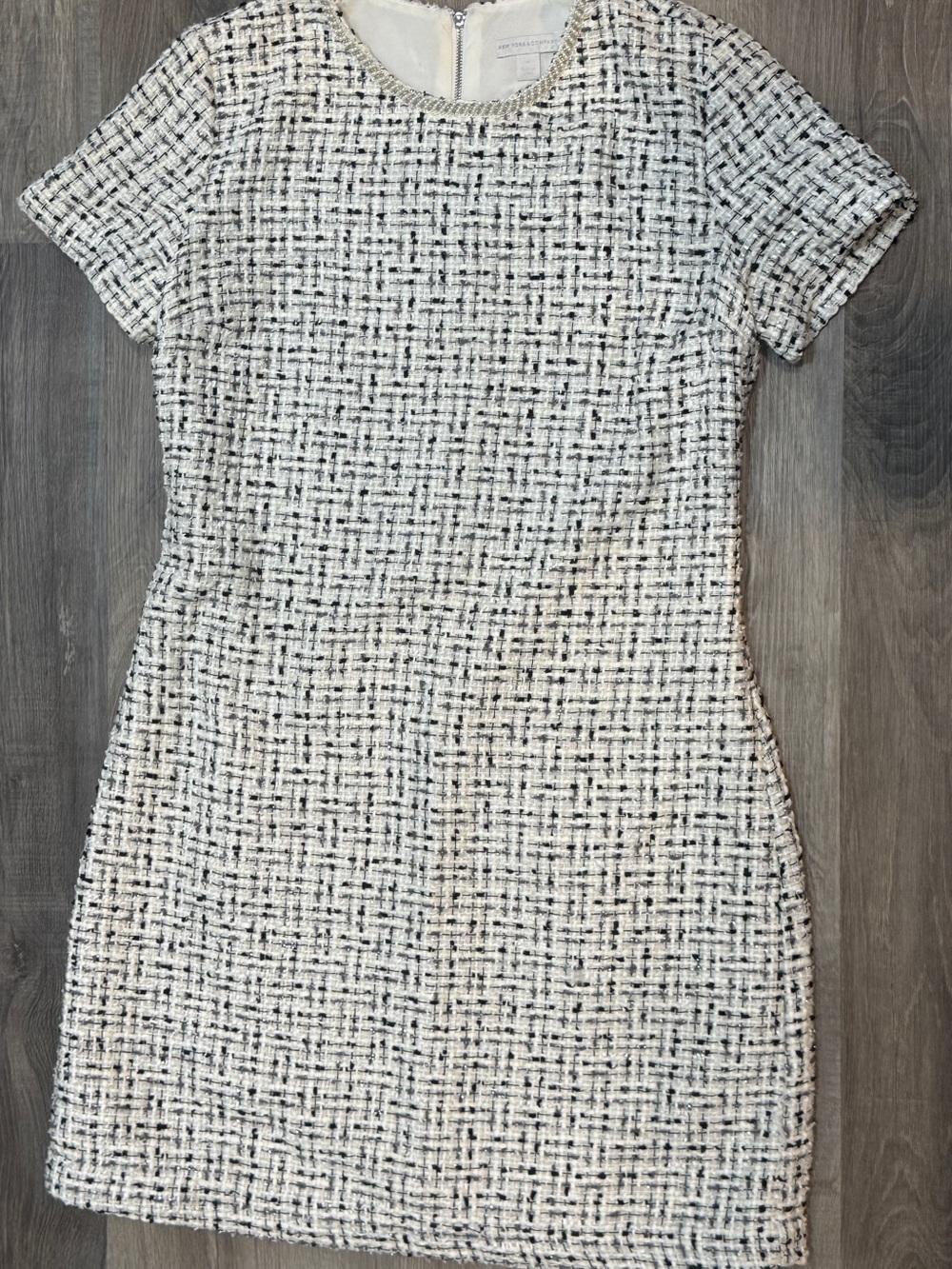 New York & Company Cream and Black Tweed Midi Shift Dress